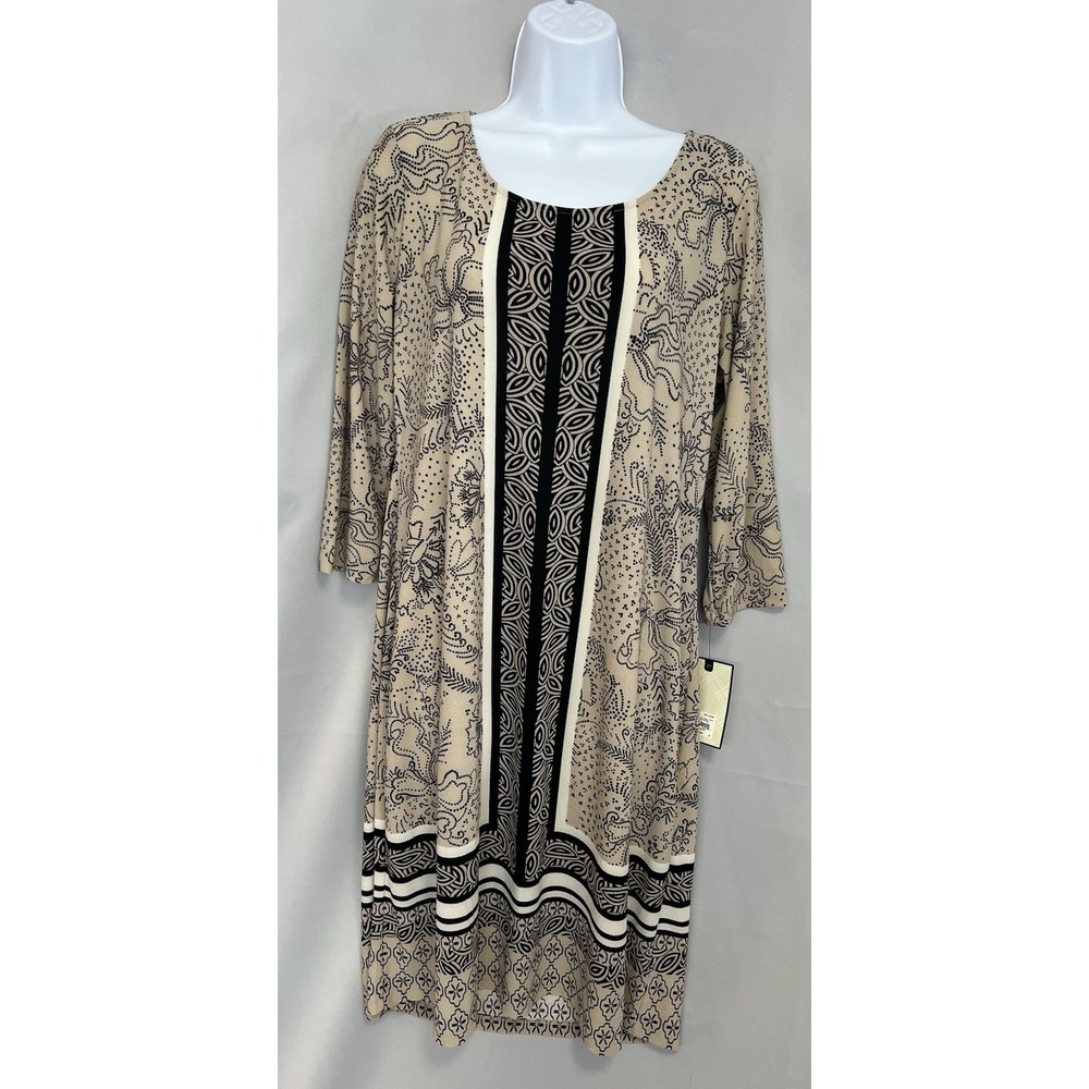 Dana Buchman Women's Tan Black Geometric Floral Paisley Dress 3/4 Sleeve L New